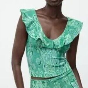 Zara Women's Sleeveless Light Green Ruffled V-Neck Paisley Print Top Size L NWT